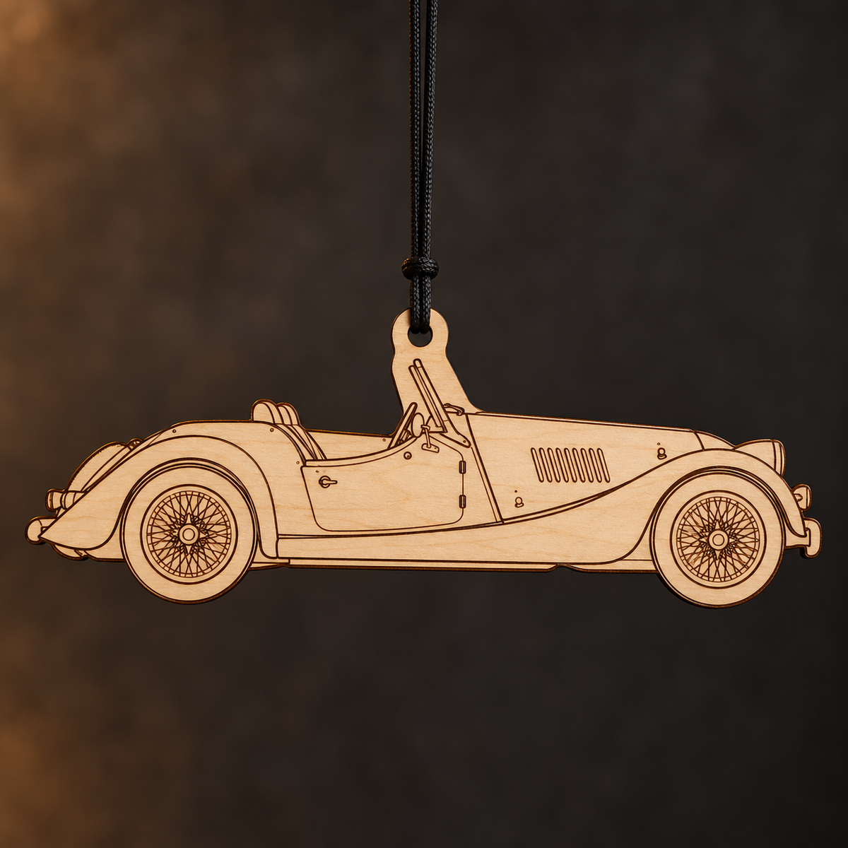2004 Morgan Plus 8 Roadster flat Birch Ply ornament with brown laser-engraved outlines