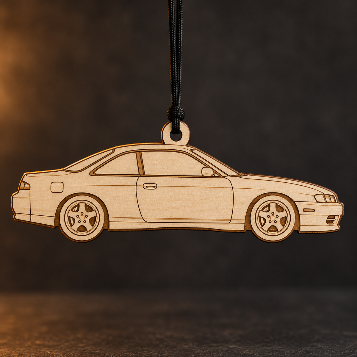 1995 Nissan 240SX Coupe flat Birch Ply ornament with brown laser-engraved outlines