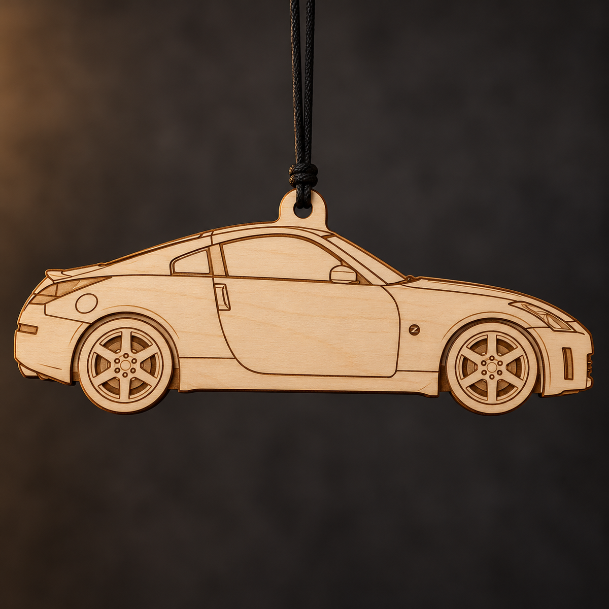 2004 Nissan 350Z Coupe flat Birch Ply ornament with brown laser-engraved outlines