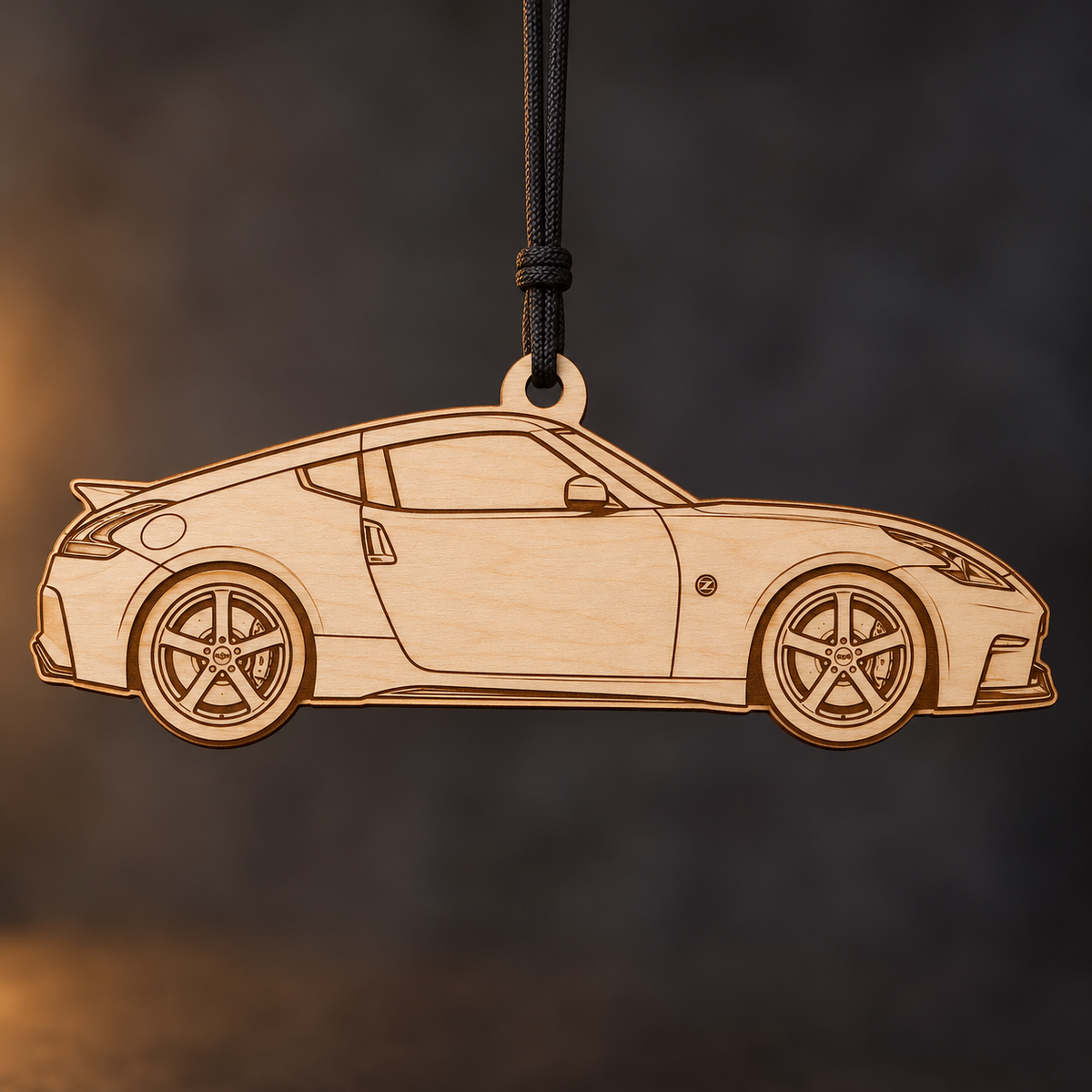 2015–2020 Nissan 370Z NISMO Coupe flat Birch Ply ornament with brown laser-engraved outlines