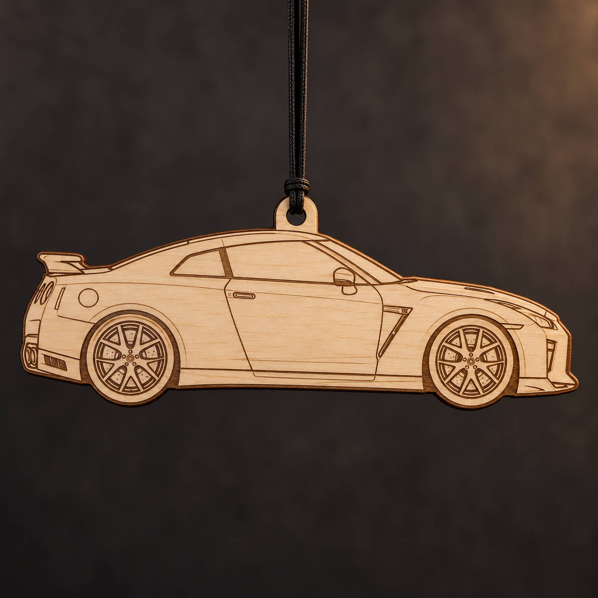 2020 Nissan GT-R Coupe flat Birch Ply ornament with brown laser-engraved outlines