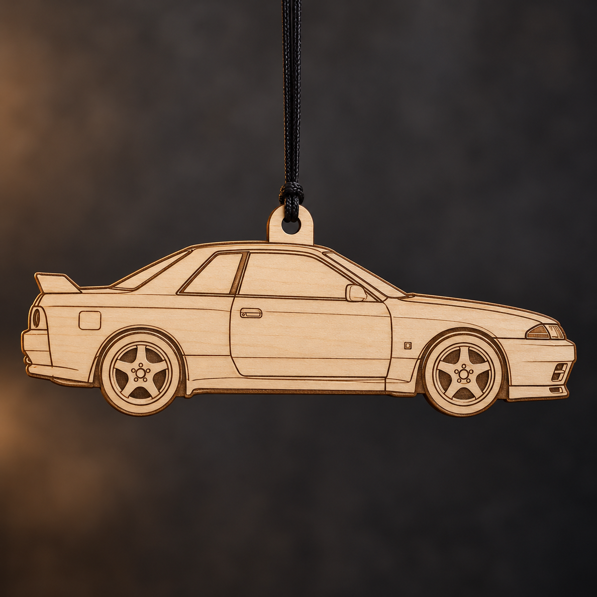 1989–1994 Nissan Skyline GT-R Coupe flat Birch Ply ornament with brown laser-engraved outlines