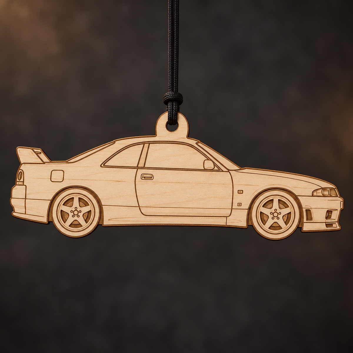 1995–1998 Nissan Skyline GT-R Coupe flat Birch Ply ornament with brown laser-engraved outlines