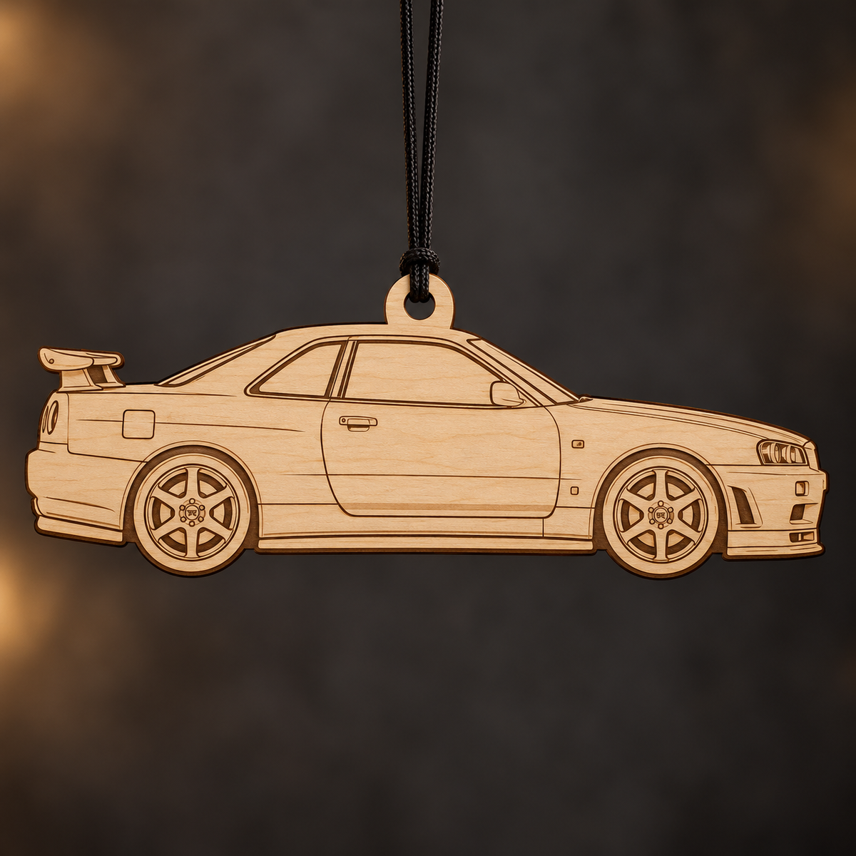 1999–2002 Nissan Skyline GT-R Coupe flat Birch Ply ornament with brown laser-engraved outlines