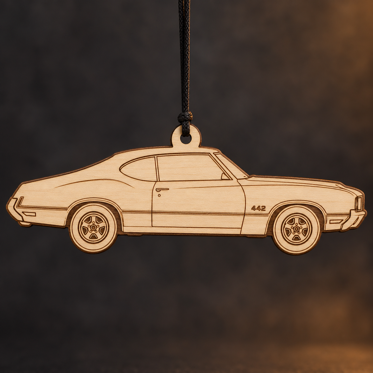 1970 Oldsmobile 442 Coupe flat Birch Ply ornament with brown laser-engraved outlines