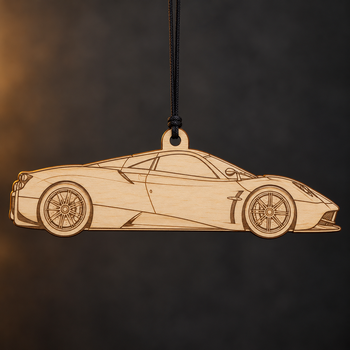 2014 Pagani Huayra Coupe flat Birch Ply ornament with brown laser-engraved outlines