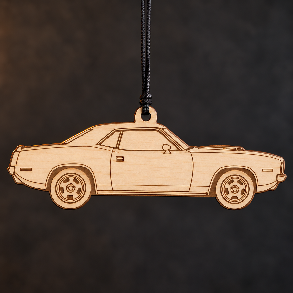 1970 Plymouth Barracuda Coupe flat Birch Ply ornament with brown laser-engraved outlines