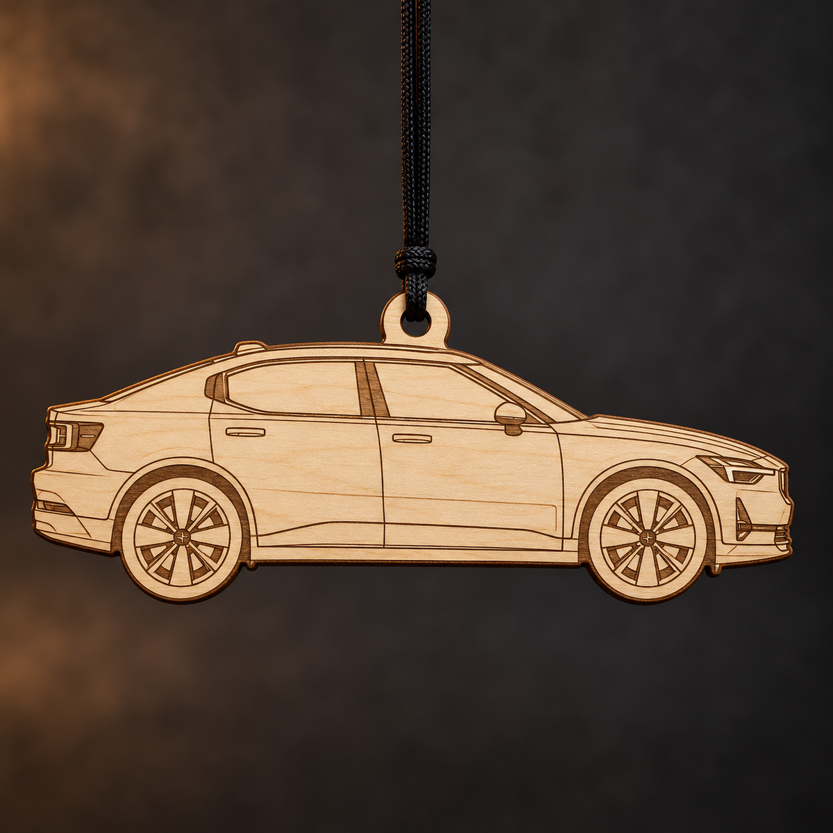 2022 Polestar 2 Fastback flat Birch Ply ornament with brown laser-engraved outlines