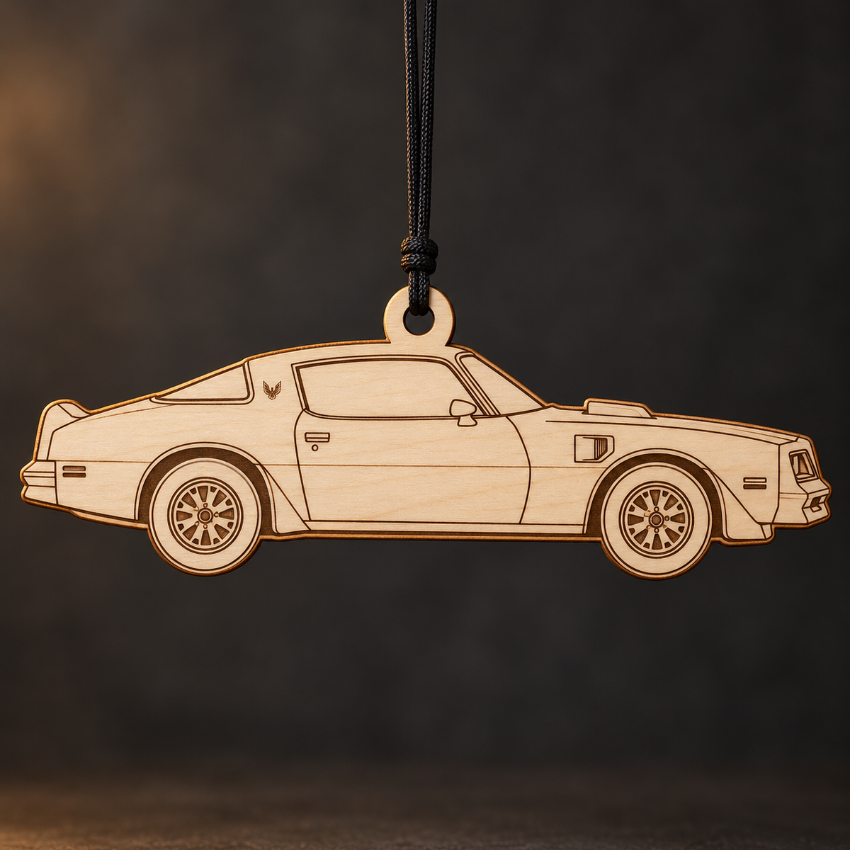1977 Pontiac Firebird Coupe flat Birch Ply ornament with brown laser-engraved outlines