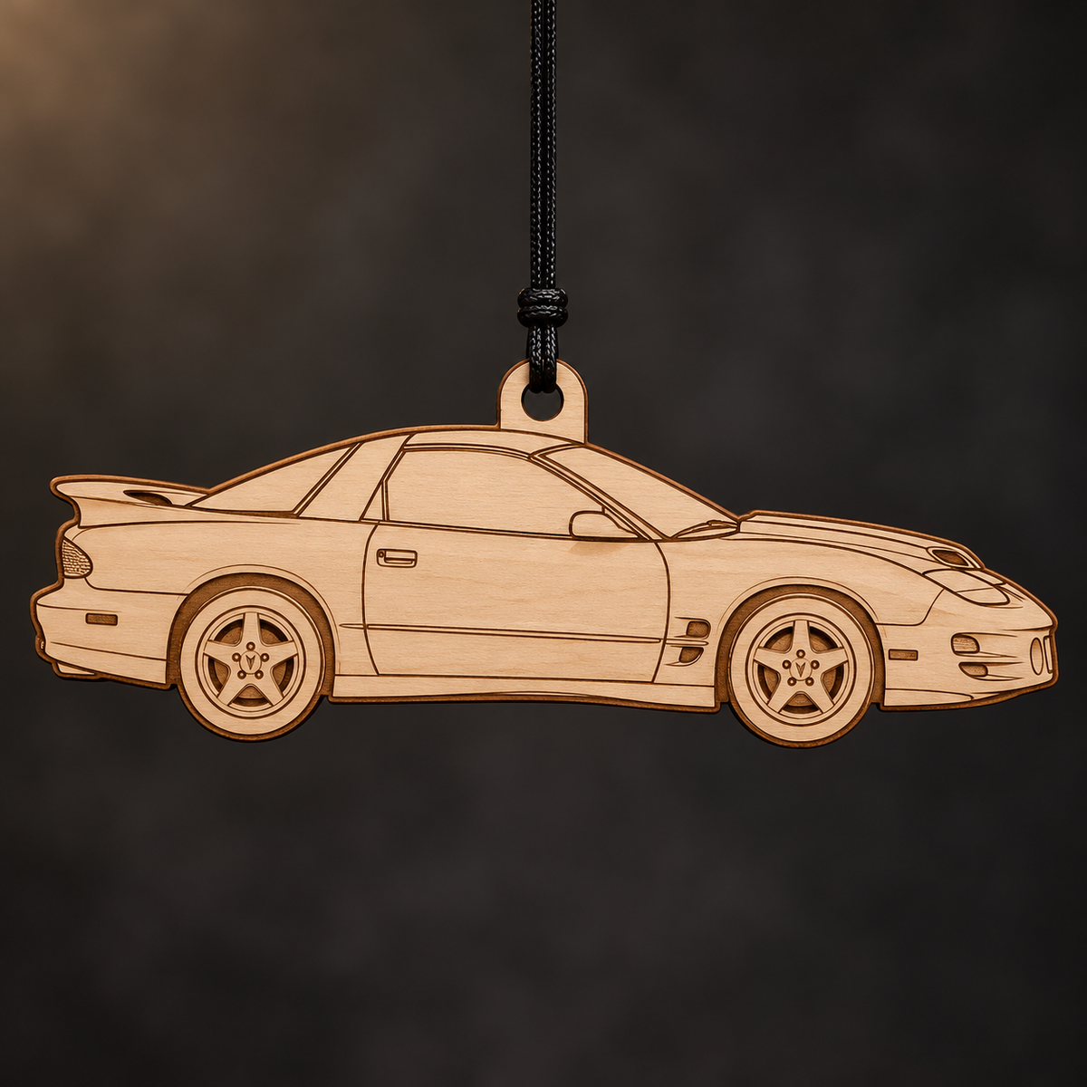 1998–2002 Pontiac Firebird Trans Am WS6 Coupe flat Birch Ply ornament with brown laser-engraved outlines