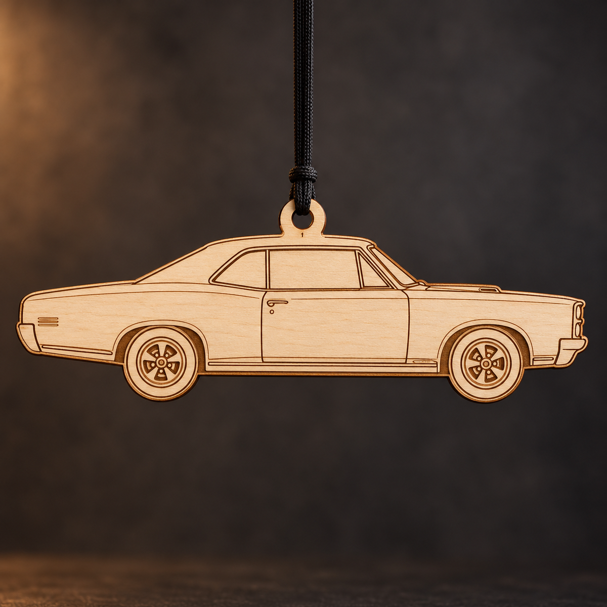 1966 Pontiac GTO Coupe flat Birch Ply ornament with brown laser-engraved outlines