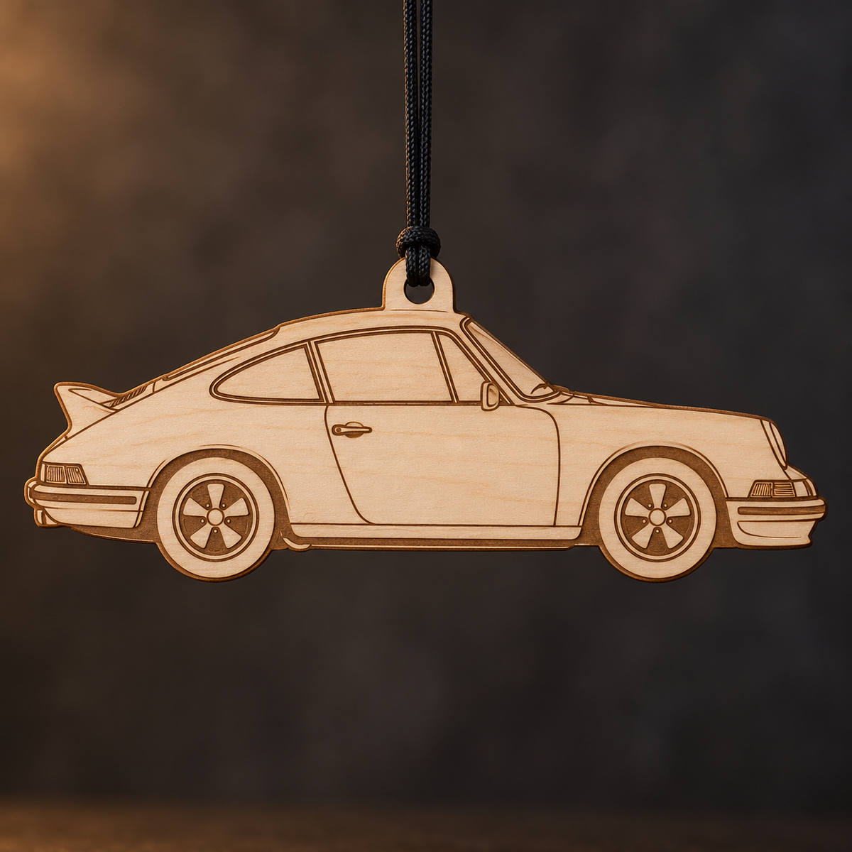 1973 Porsche 911 Carrera RS 2.7 Coupe flat Birch Ply ornament with brown laser-engraved outlines