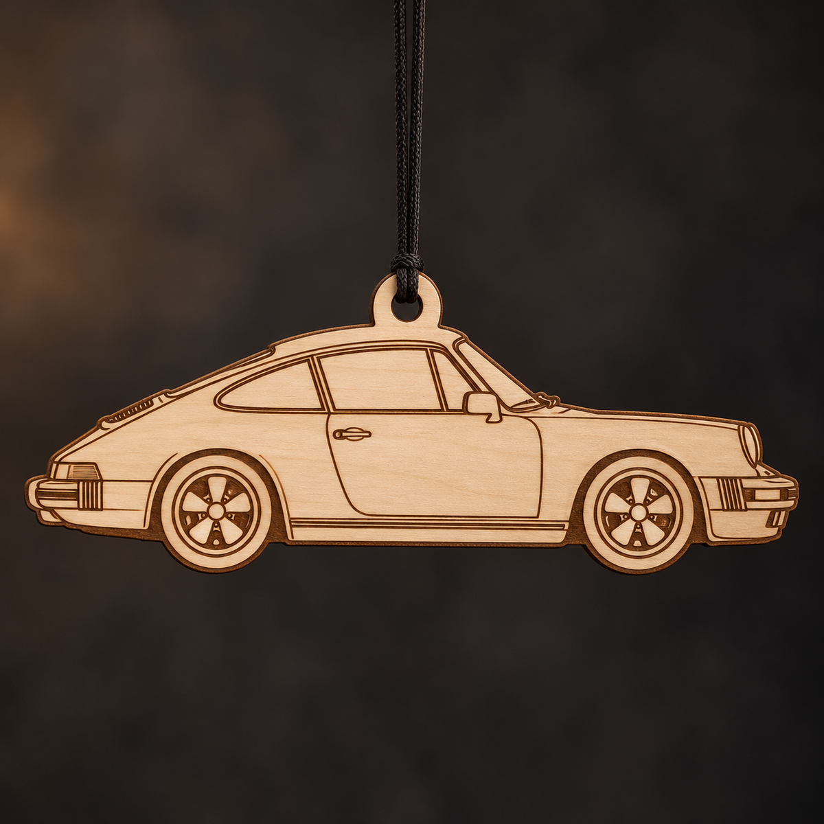 1989 Porsche 911 Coupe flat Birch Ply ornament with brown laser-engraved outlines