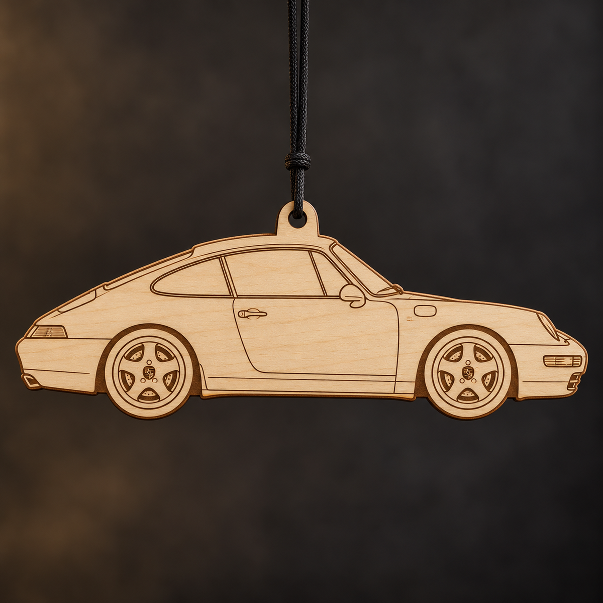 1995–1998 Porsche 911 Carrera Coupe flat Birch Ply ornament with brown laser-engraved outlines