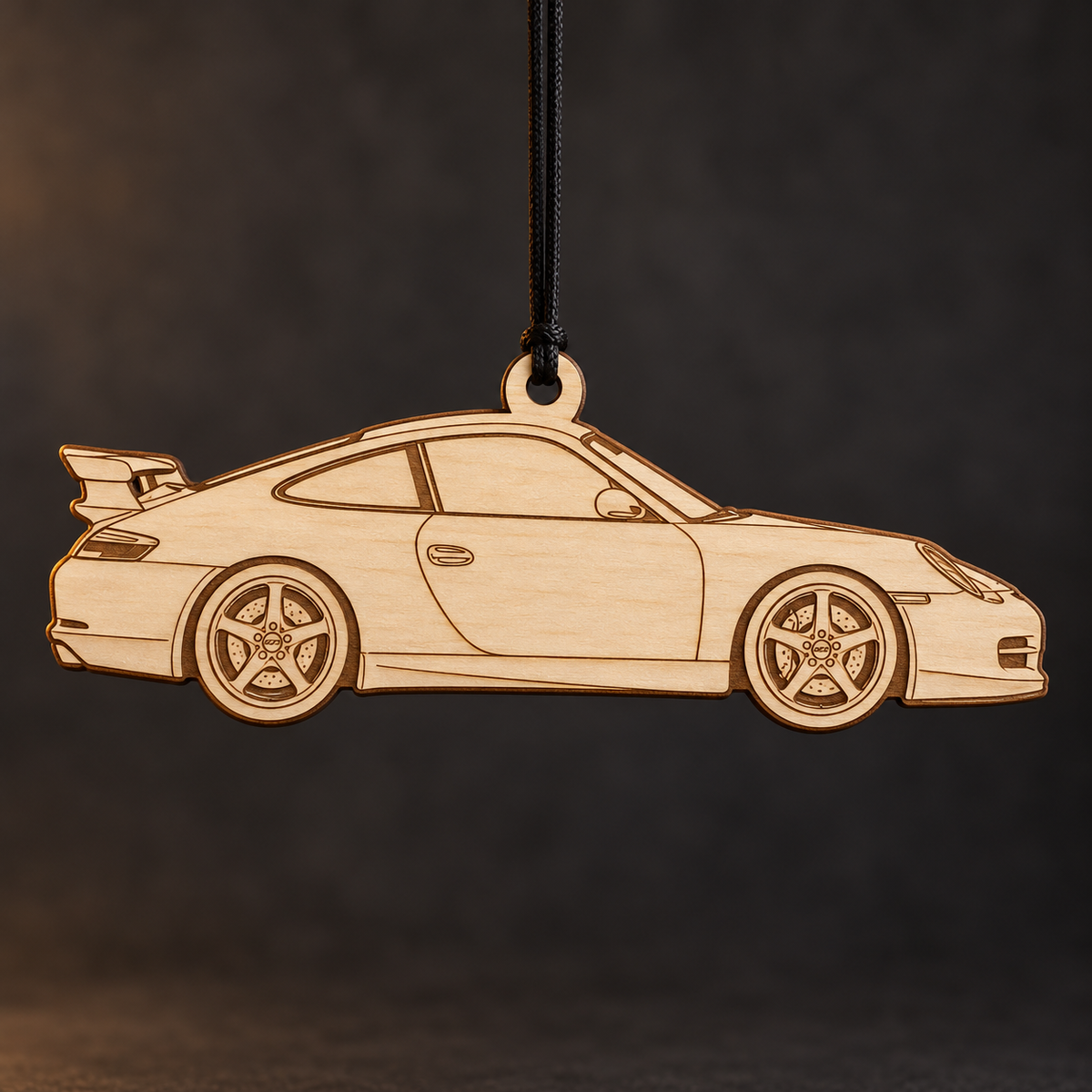 2004–2005 Porsche 911 GT3 Coupe flat Birch Ply ornament with brown laser-engraved outlines