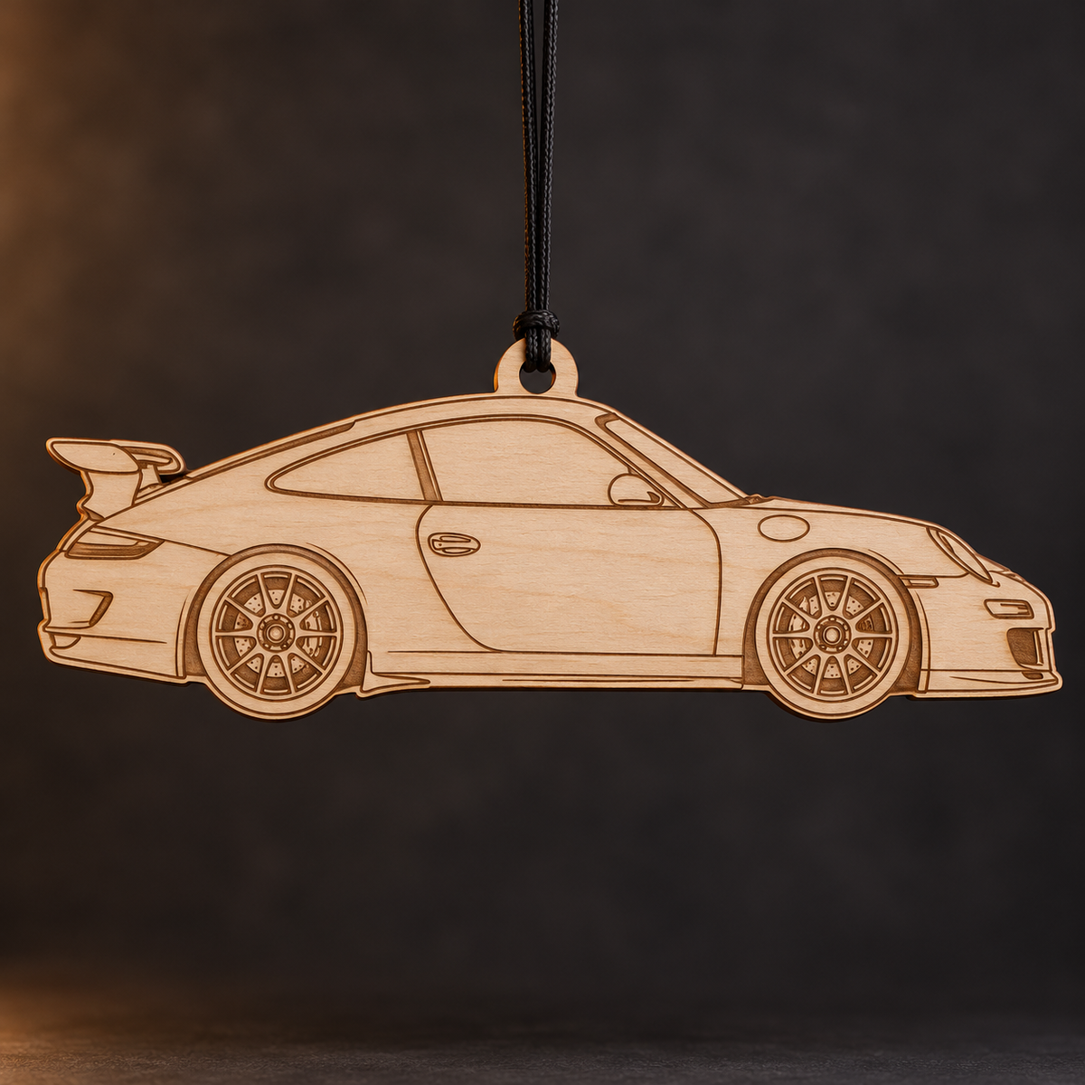 2007–2008 Porsche 911 GT3 RS Coupe flat Birch Ply ornament with brown laser-engraved outlines