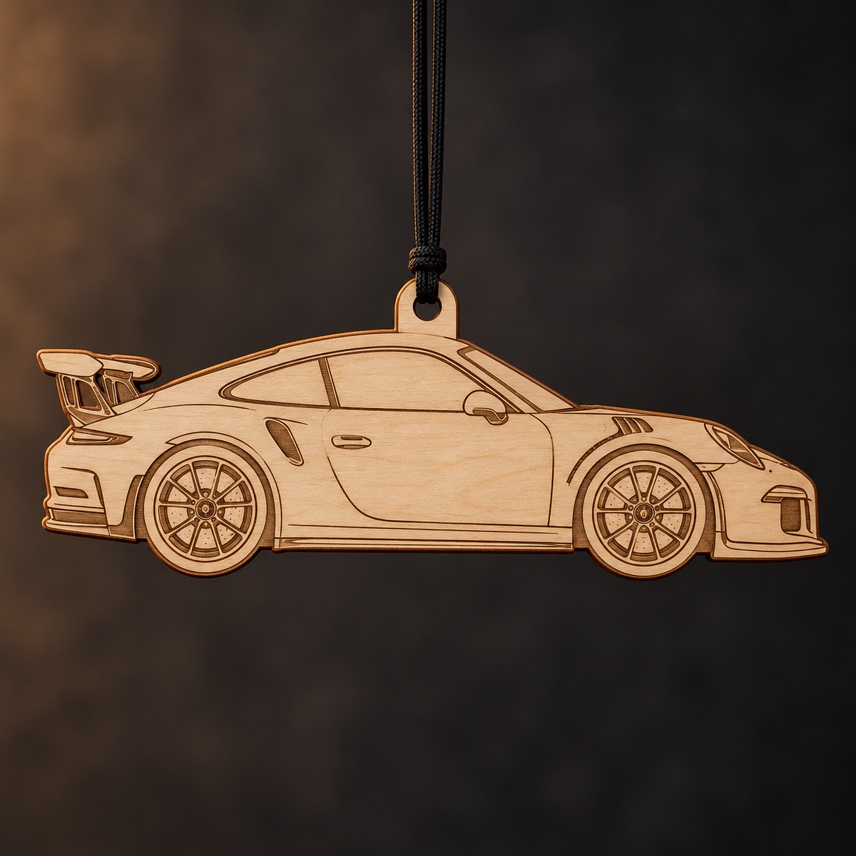 2016 Porsche 911 GT3 RS Coupe flat Birch Ply ornament with brown laser-engraved outlines
