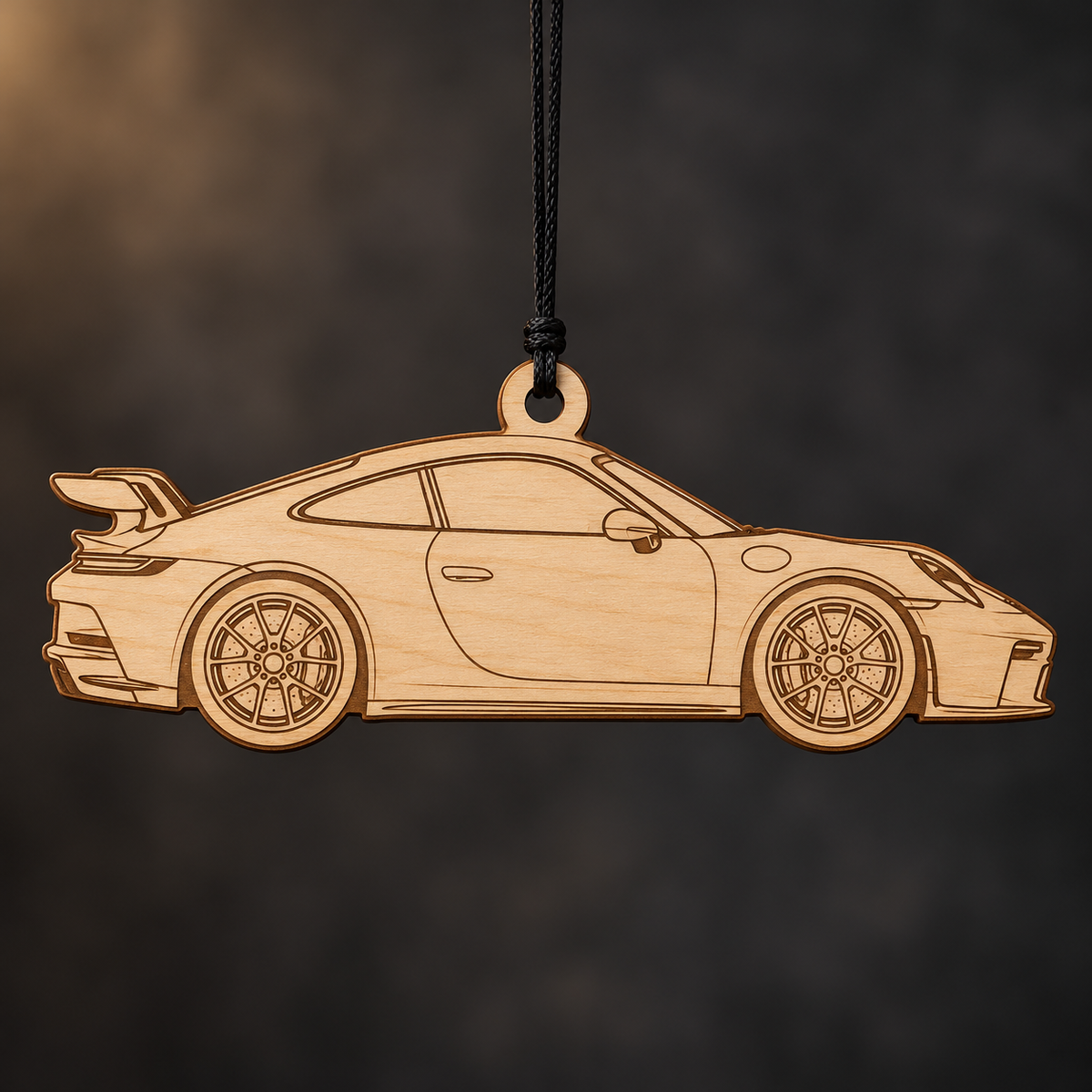 2022 Porsche 911 Coupe flat Birch Ply ornament with brown laser-engraved outlines