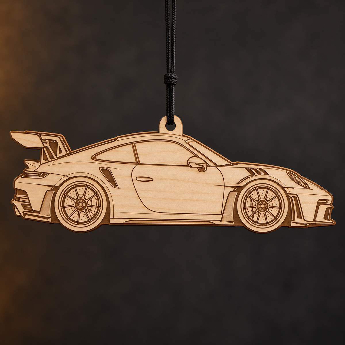 2023–2025 Porsche 911 GT3 RS Coupe flat Birch Ply ornament with brown laser-engraved outlines
