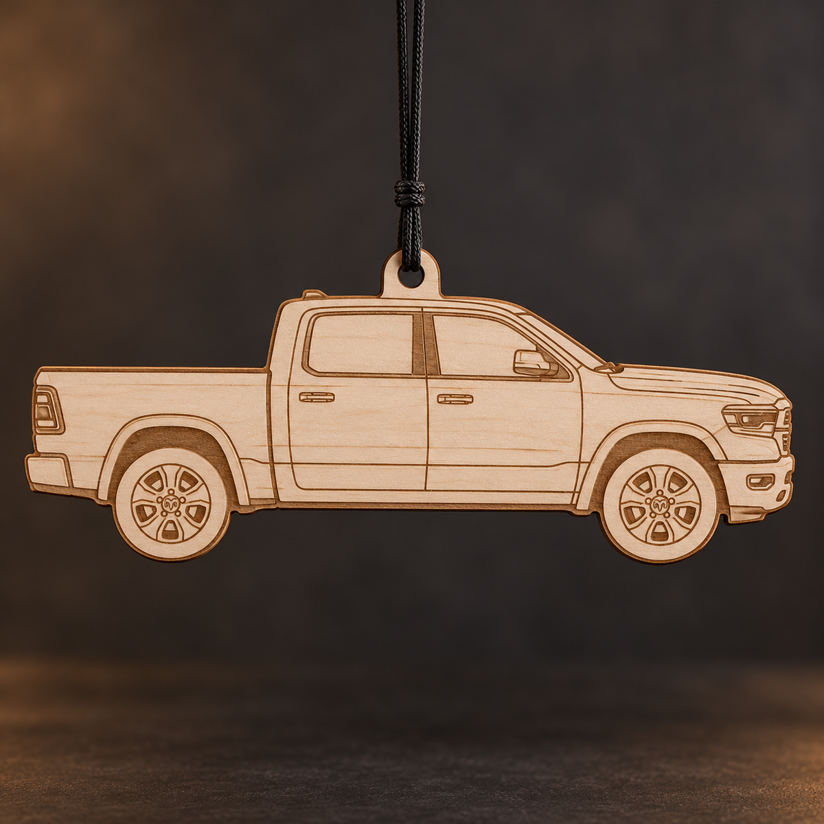 2021 Ram 1500 Pickup flat Birch Ply ornament with brown laser-engraved outlines