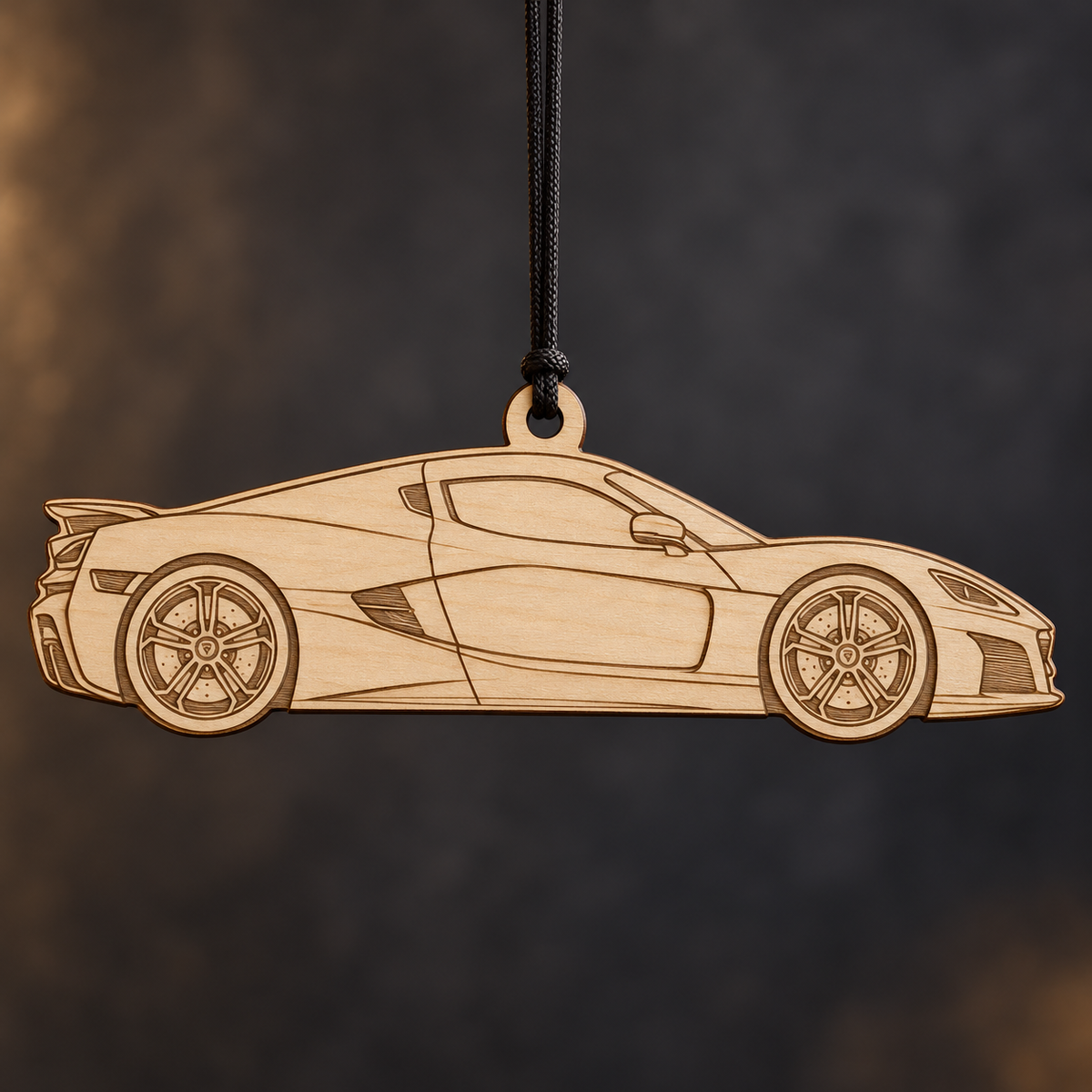 2023 Rimac Nevera Coupe flat Birch Ply ornament with brown laser-engraved outlines