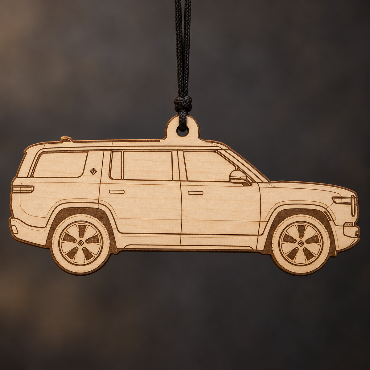 2022–2024 Rivian R1S SUV flat Birch Ply ornament with brown laser-engraved outlines