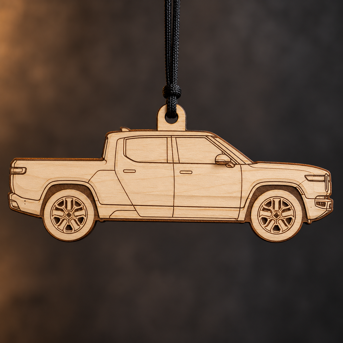2023 Rivian R1T Pickup flat Birch Ply ornament with brown laser-engraved outlines