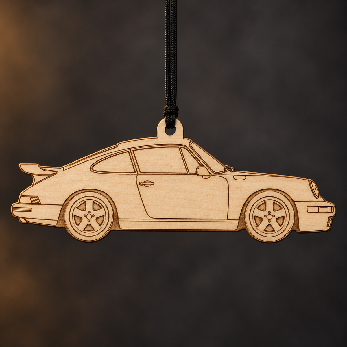 1987 RUF CTR Coupe flat Birch Ply ornament with brown laser-engraved outlines
