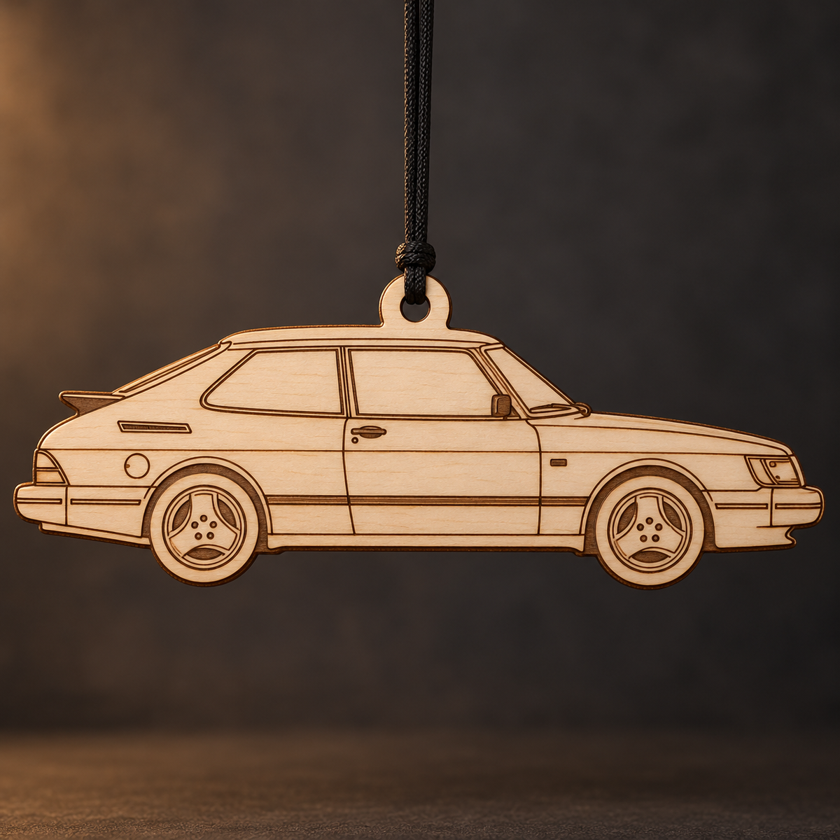 1991 Saab 900 Hatchback flat Birch Ply ornament with brown laser-engraved outlines