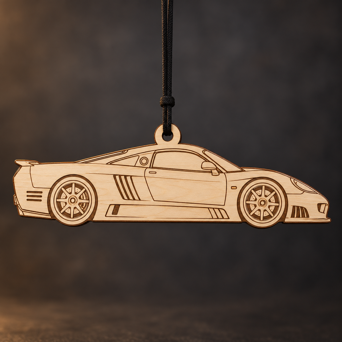 2004 Saleen S7 Coupe flat Birch Ply ornament with brown laser-engraved outlines
