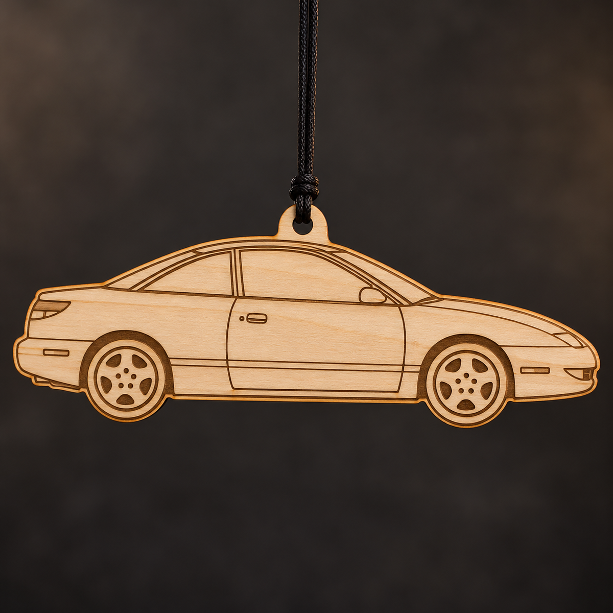 1996 Saturn SC2 Coupe flat Birch Ply ornament with brown laser-engraved outlines