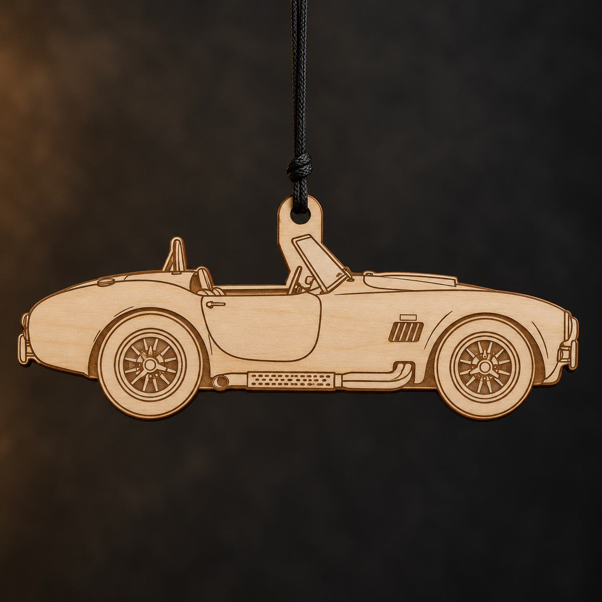 1965 Shelby Cobra Roadster flat Birch Ply ornament with brown laser-engraved outlines