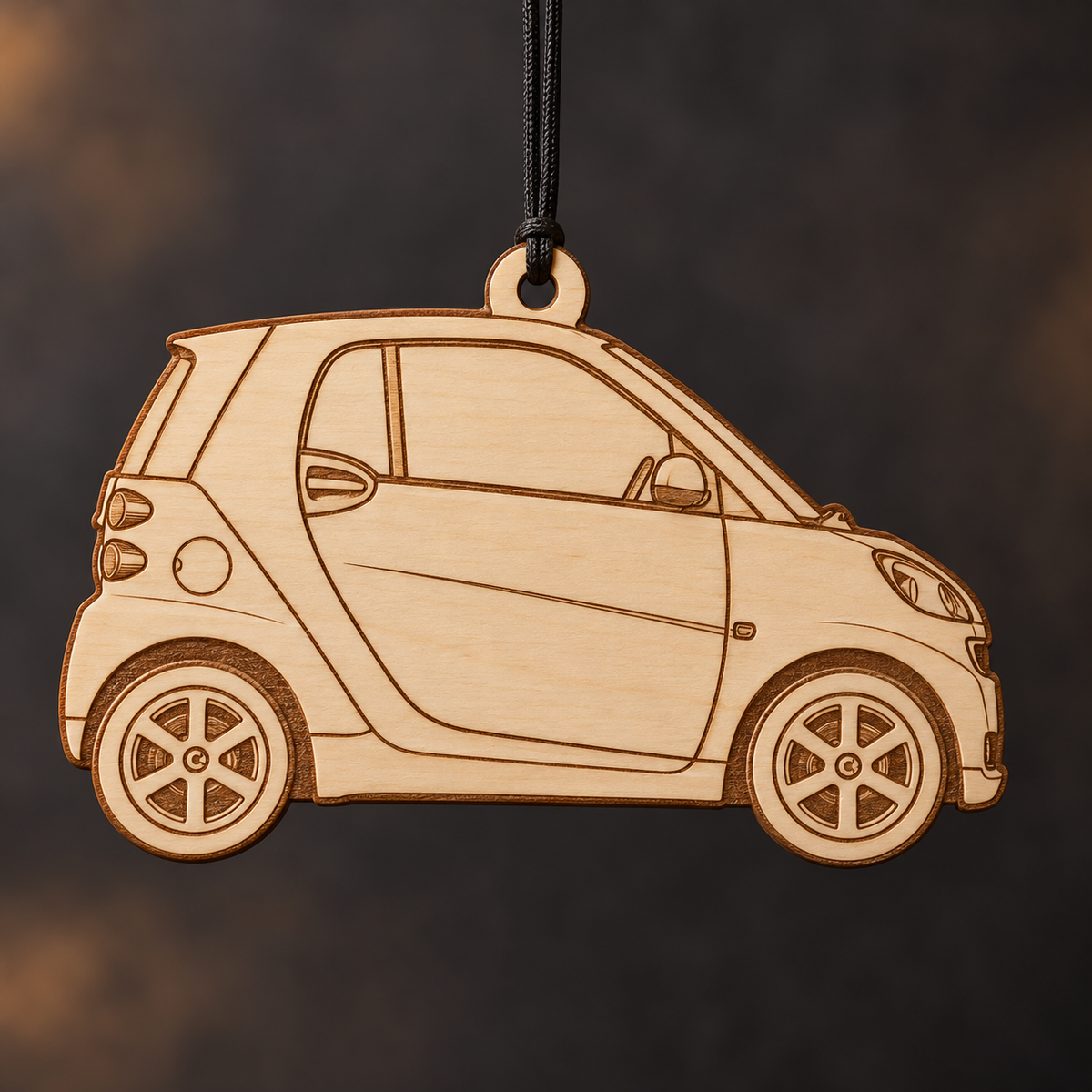 2014 smart Fortwo Coupe flat Birch Ply ornament with brown laser-engraved outlines