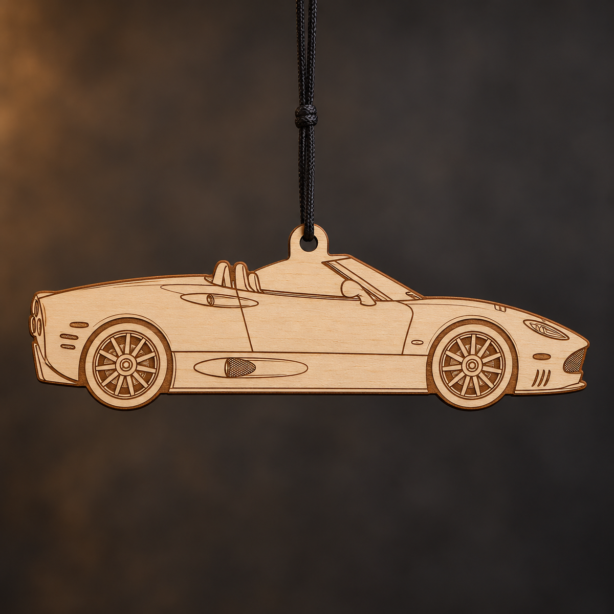 2008 Spyker C8 Roadster flat Birch Ply ornament with brown laser-engraved outlines