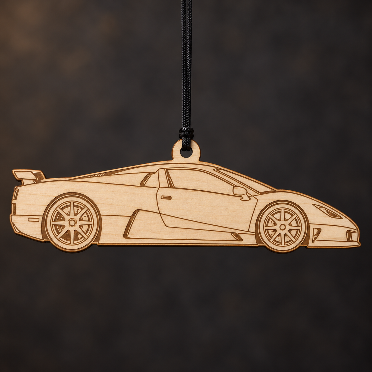 2008 SSC North America Ultimate Aero Coupe flat Birch Ply ornament with brown laser-engraved outlines