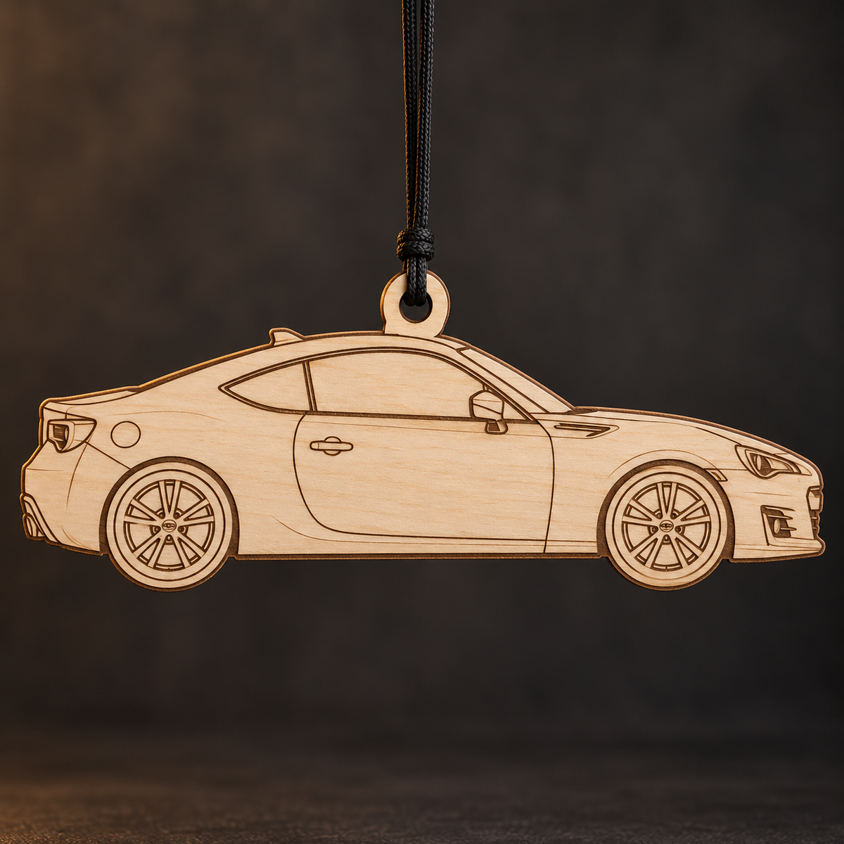 2013 Subaru BRZ Coupe flat Birch Ply ornament with brown laser-engraved outlines