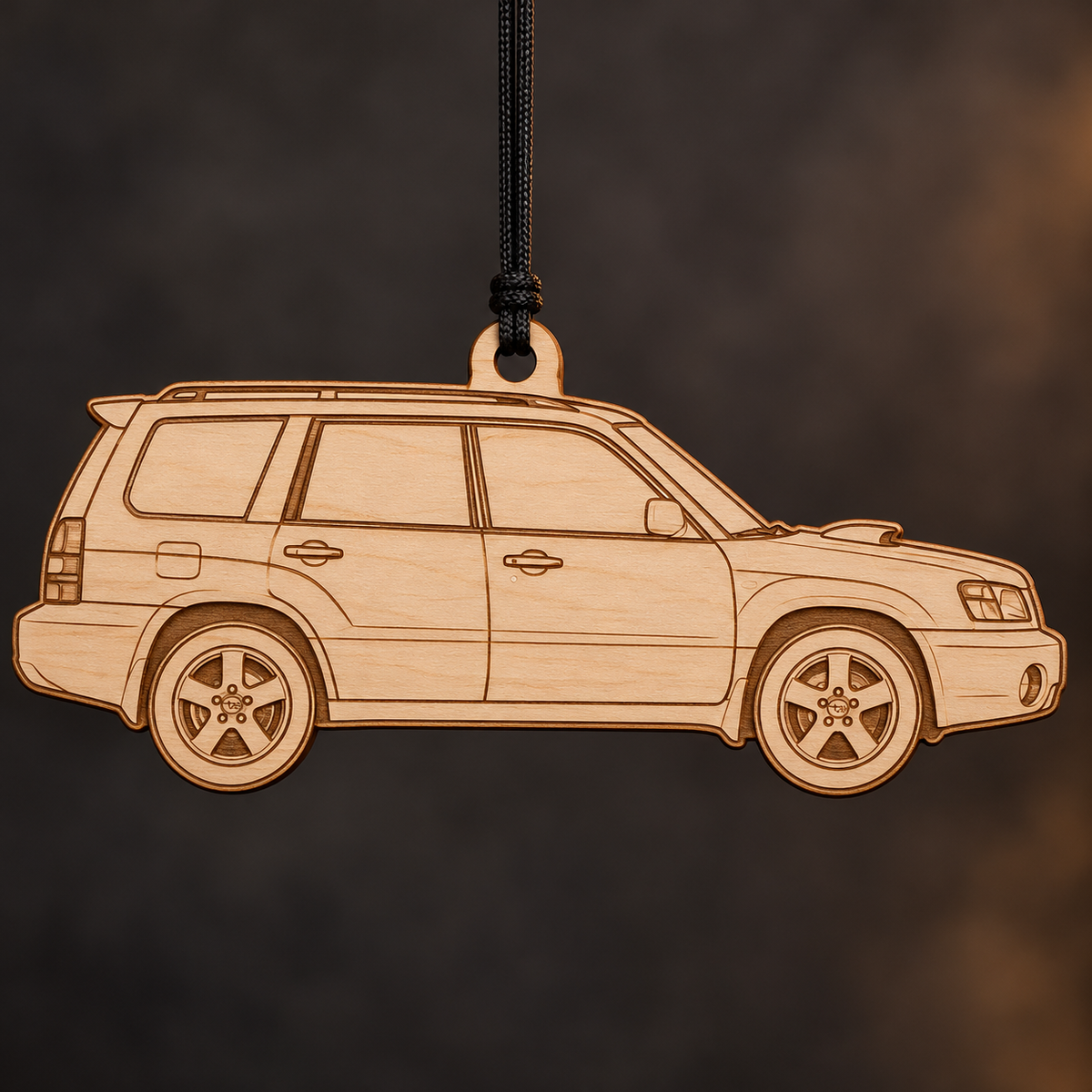 2004 Subaru Forester SUV flat Birch Ply ornament with brown laser-engraved outlines