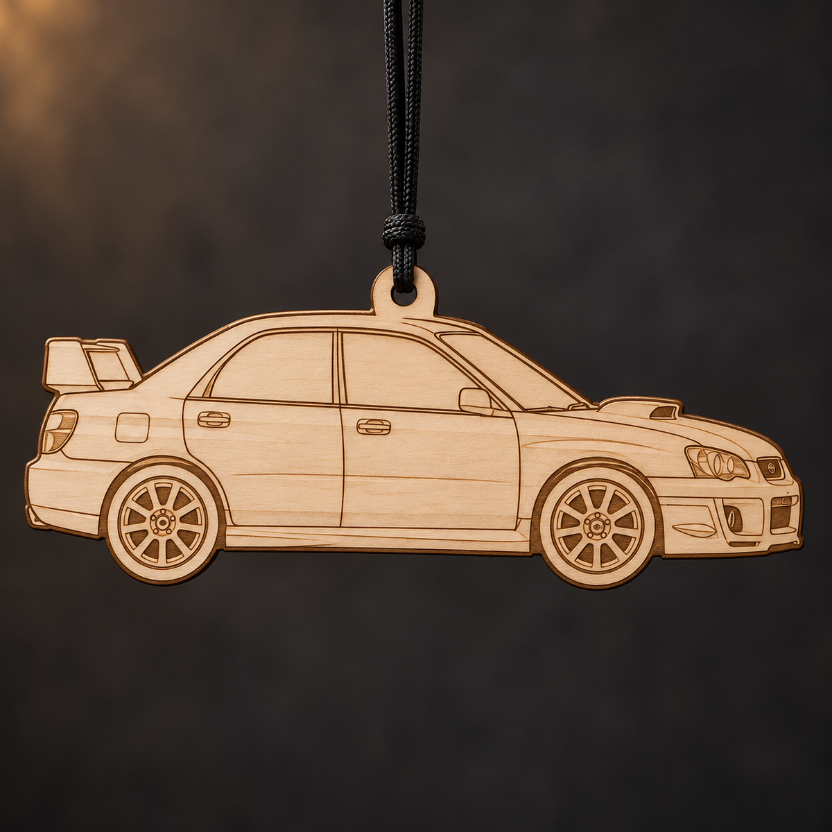 2005 Subaru WRX Sedan flat Birch Ply ornament with brown laser-engraved outlines
