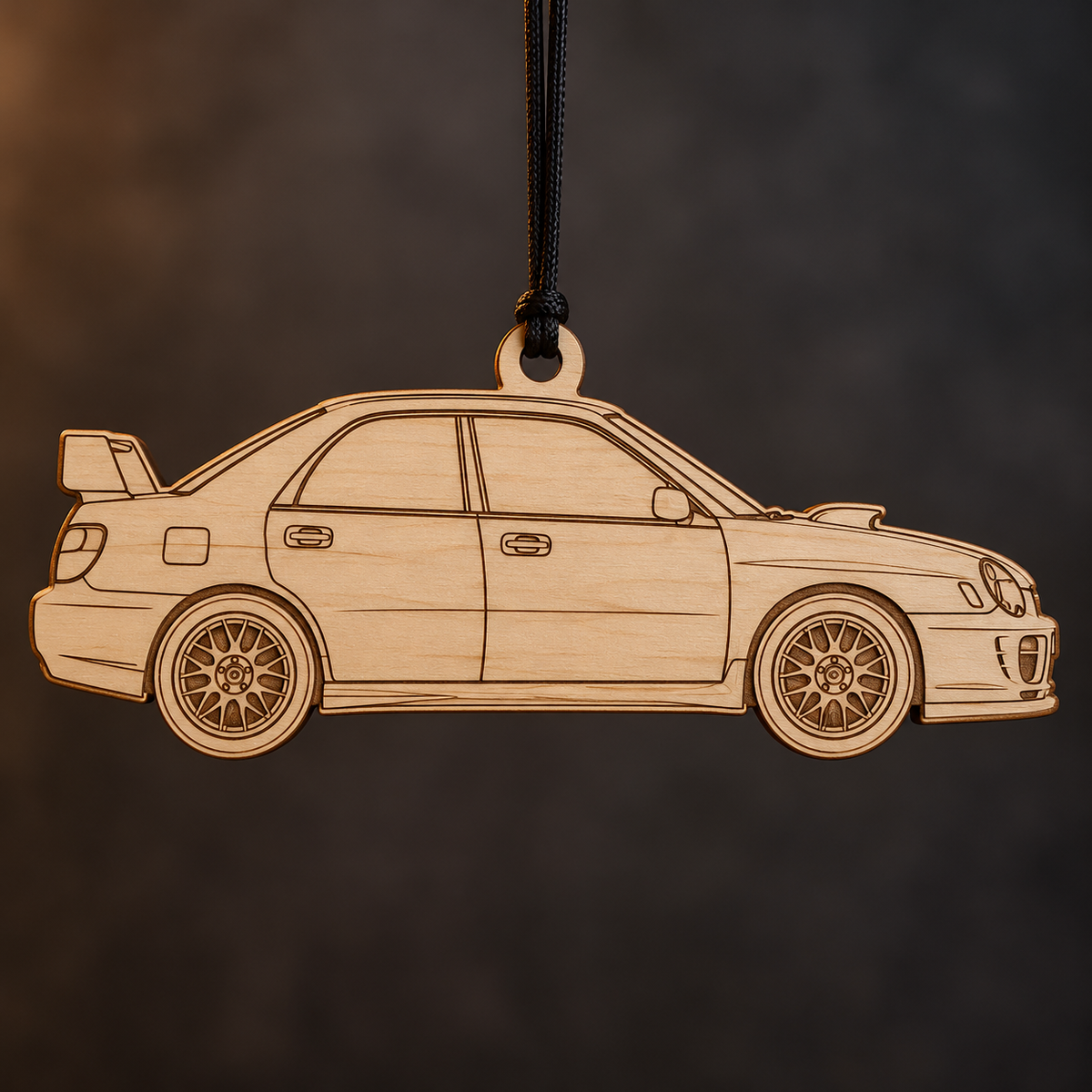 2004–2005 Subaru WRX STI Sedan flat Birch Ply ornament with brown laser-engraved outlines