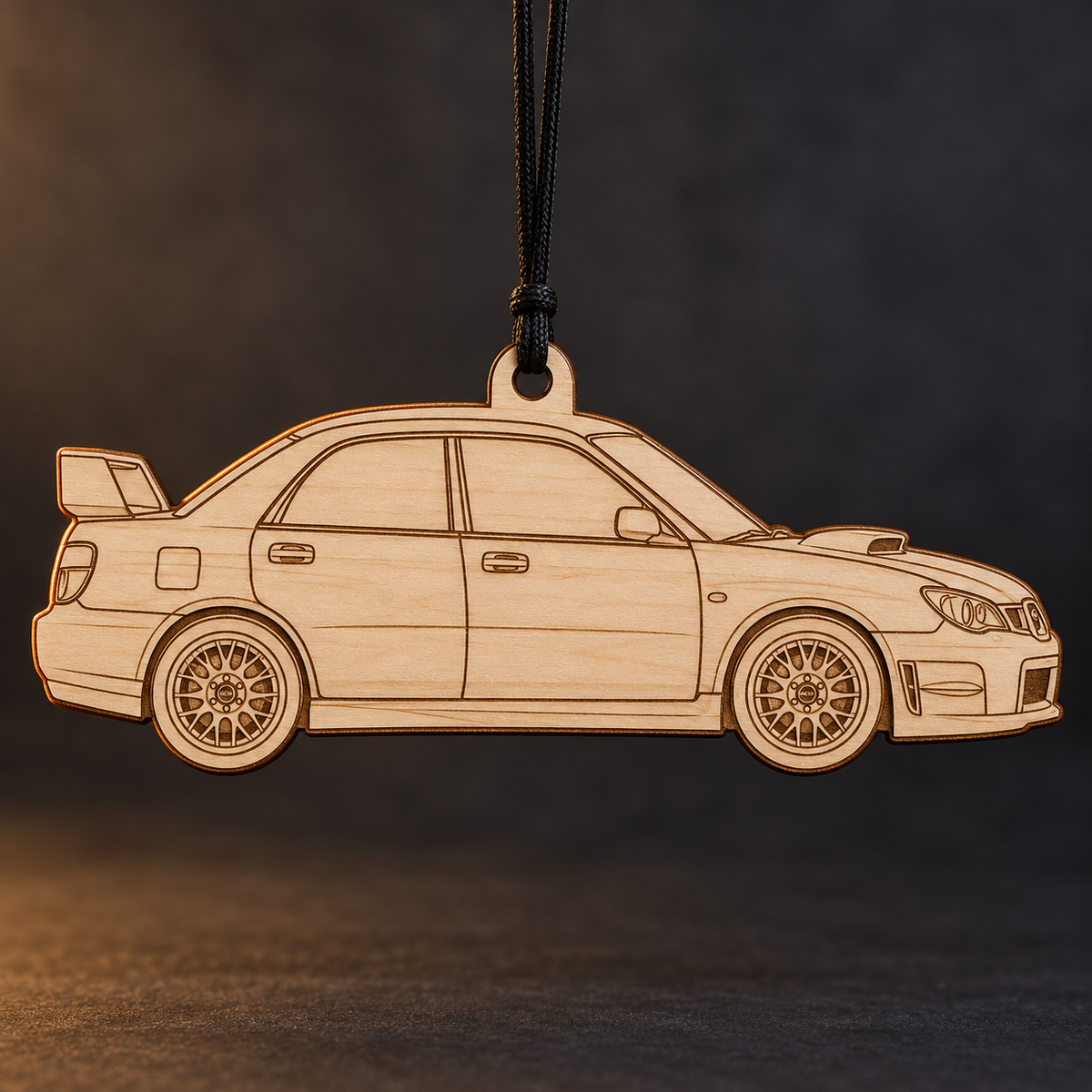 2006–2007 Subaru WRX STI Sedan flat Birch Ply ornament with brown laser-engraved outlines