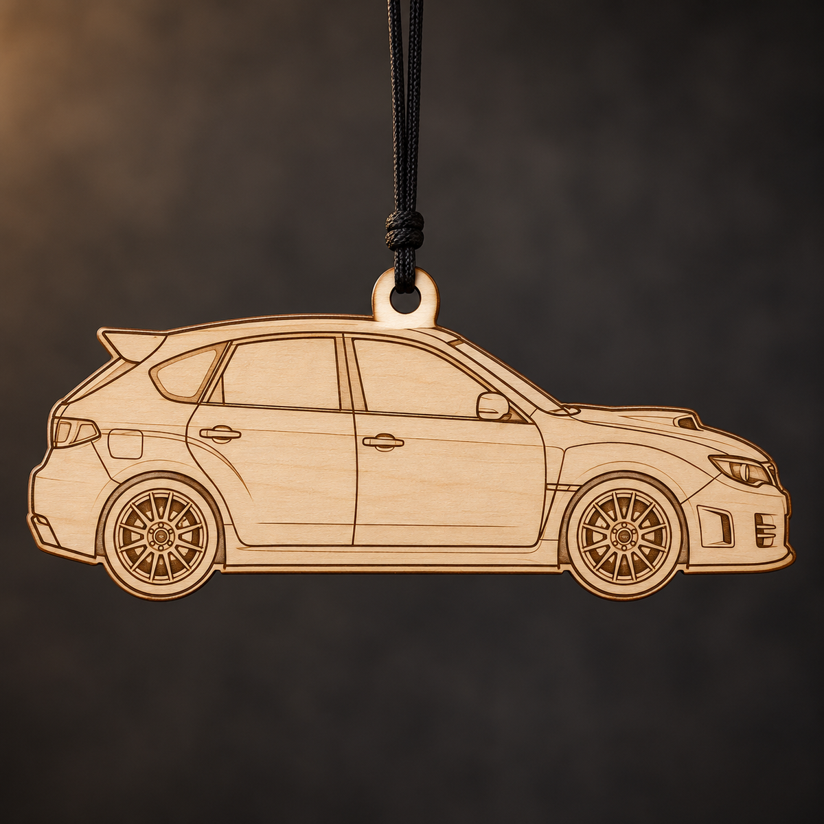 2011–2014 Subaru WRX STI Hatchback flat Birch Ply ornament with brown laser-engraved outlines