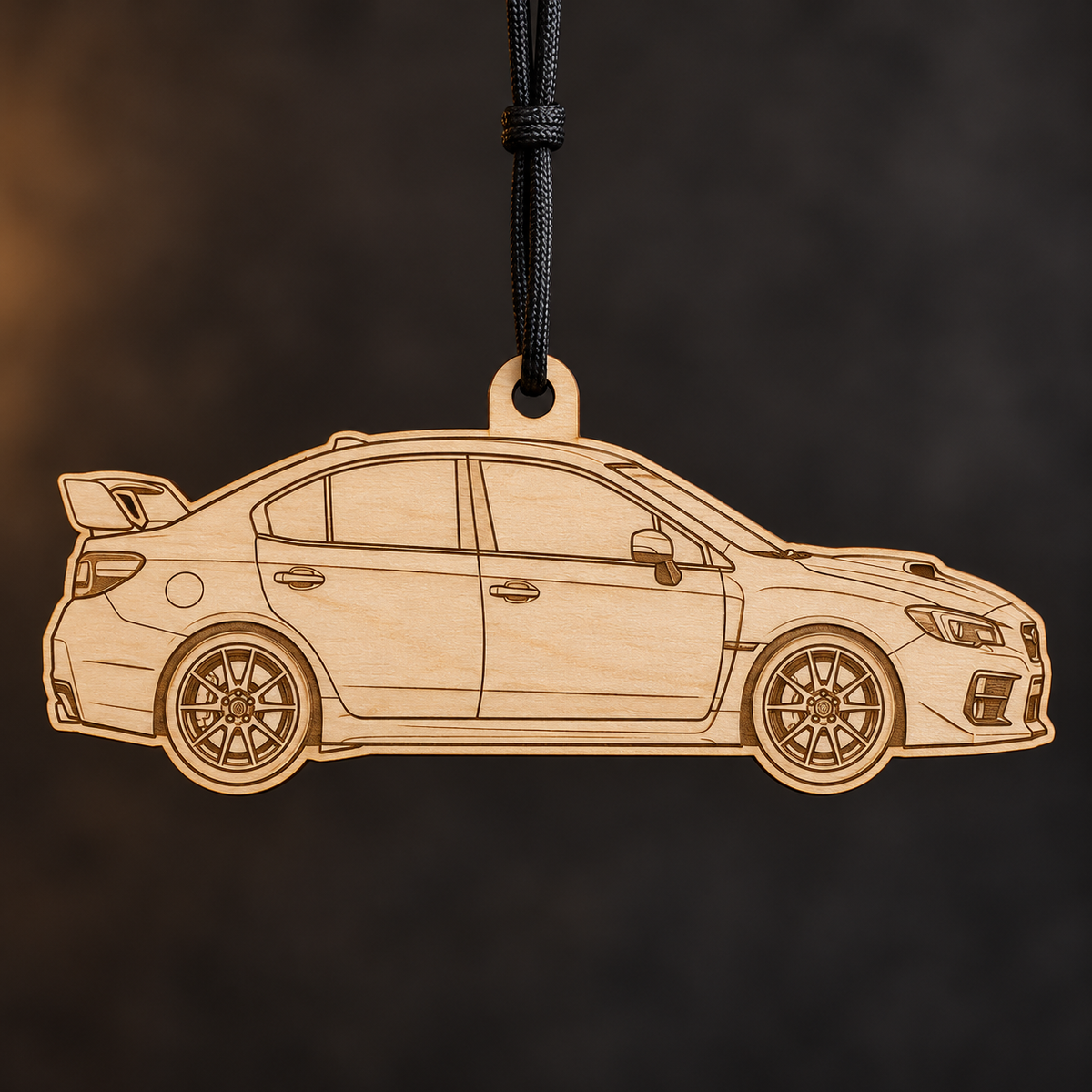 2018–2021 Subaru WRX STI Sedan flat Birch Ply ornament with brown laser-engraved outlines
