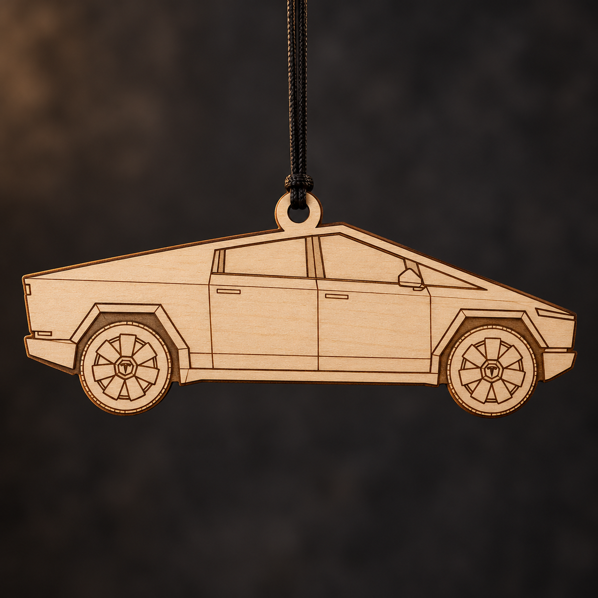 2024 Tesla Cybertruck Pickup flat Birch Ply ornament with brown laser-engraved outlines
