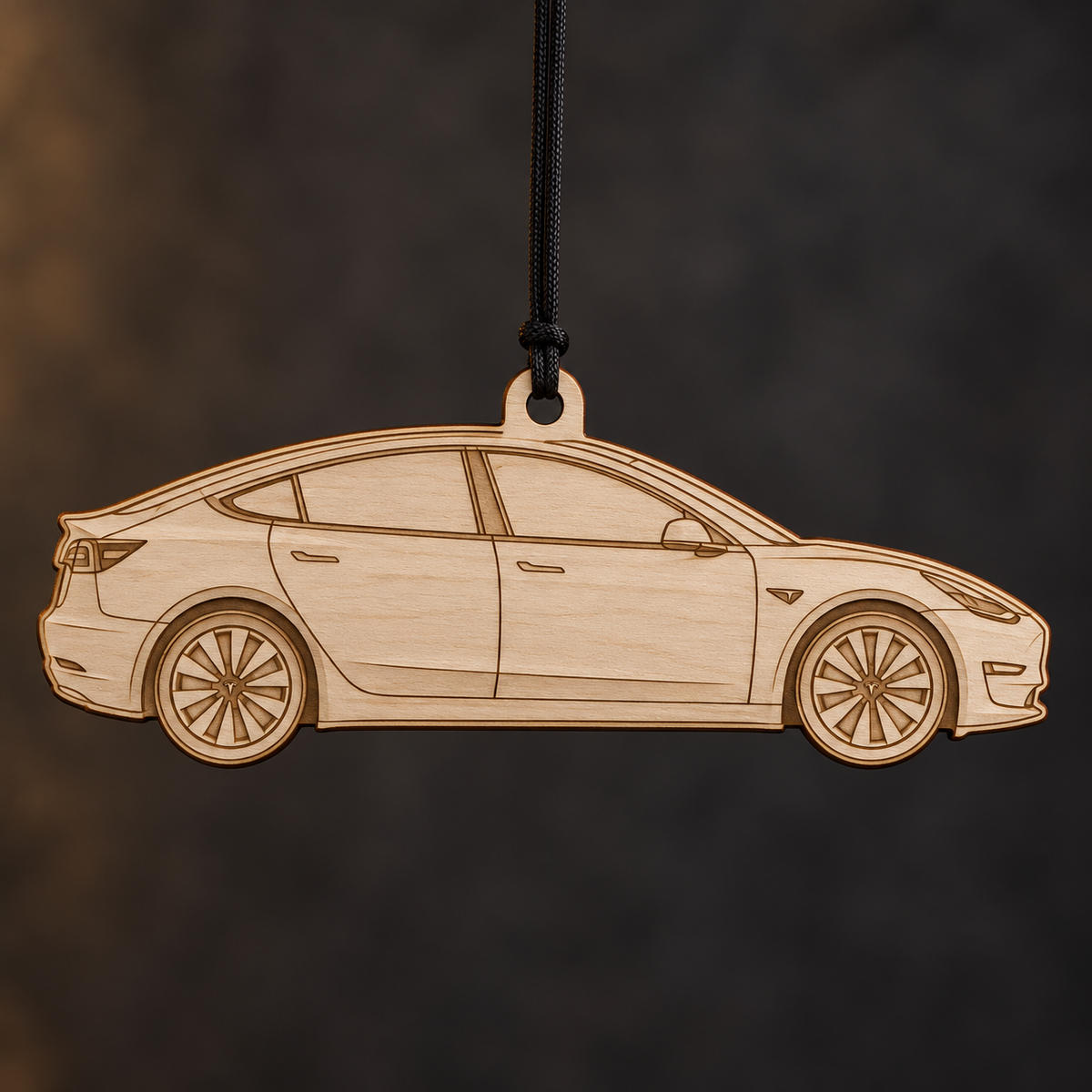 2021 Tesla Model 3 Sedan flat Birch Ply ornament with brown laser-engraved outlines
