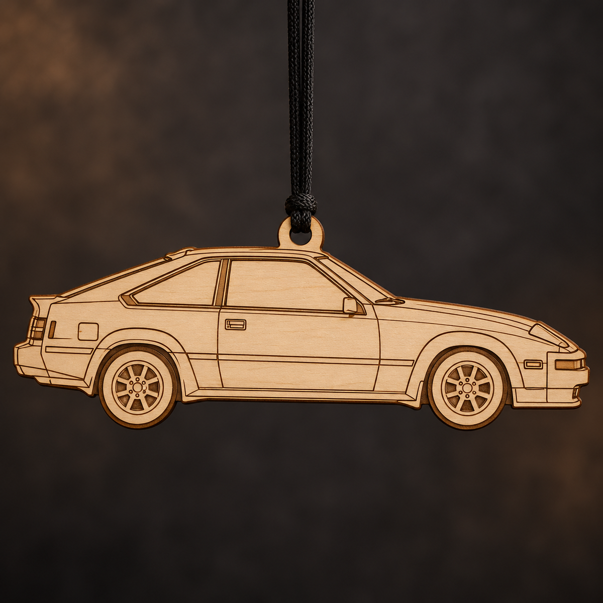 1984–1985 Toyota Celica Supra P-Type Hatchback flat Birch Ply ornament with brown laser-engraved outlines