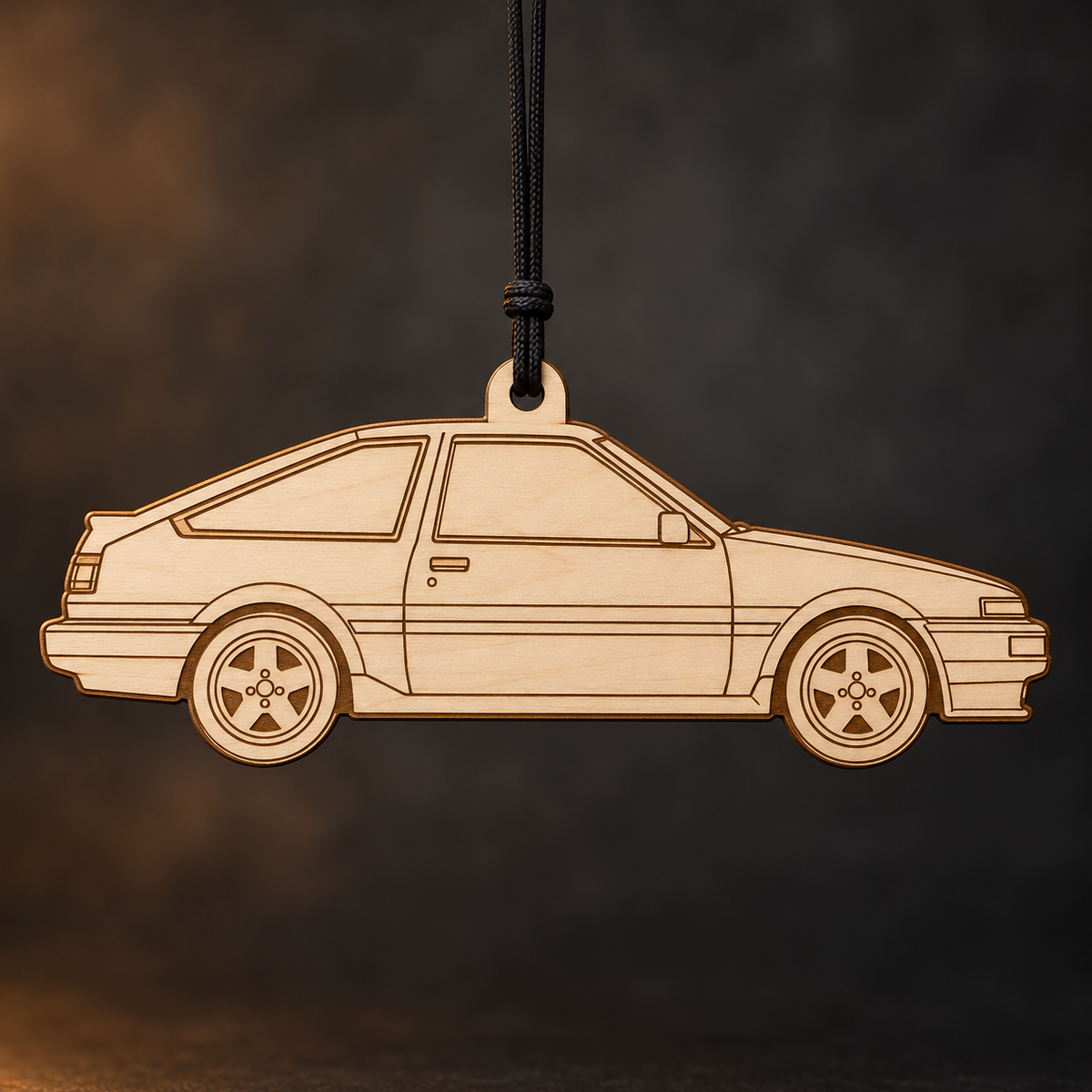 1986 Toyota Corolla Hatchback flat Birch Ply ornament with brown laser-engraved outlines