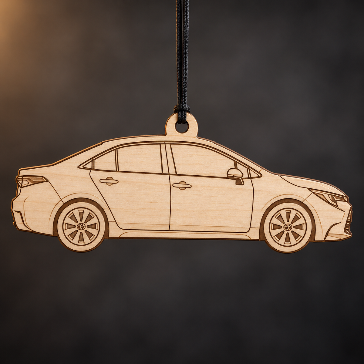 2020 Toyota Corolla Sedan flat Birch Ply ornament with brown laser-engraved outlines