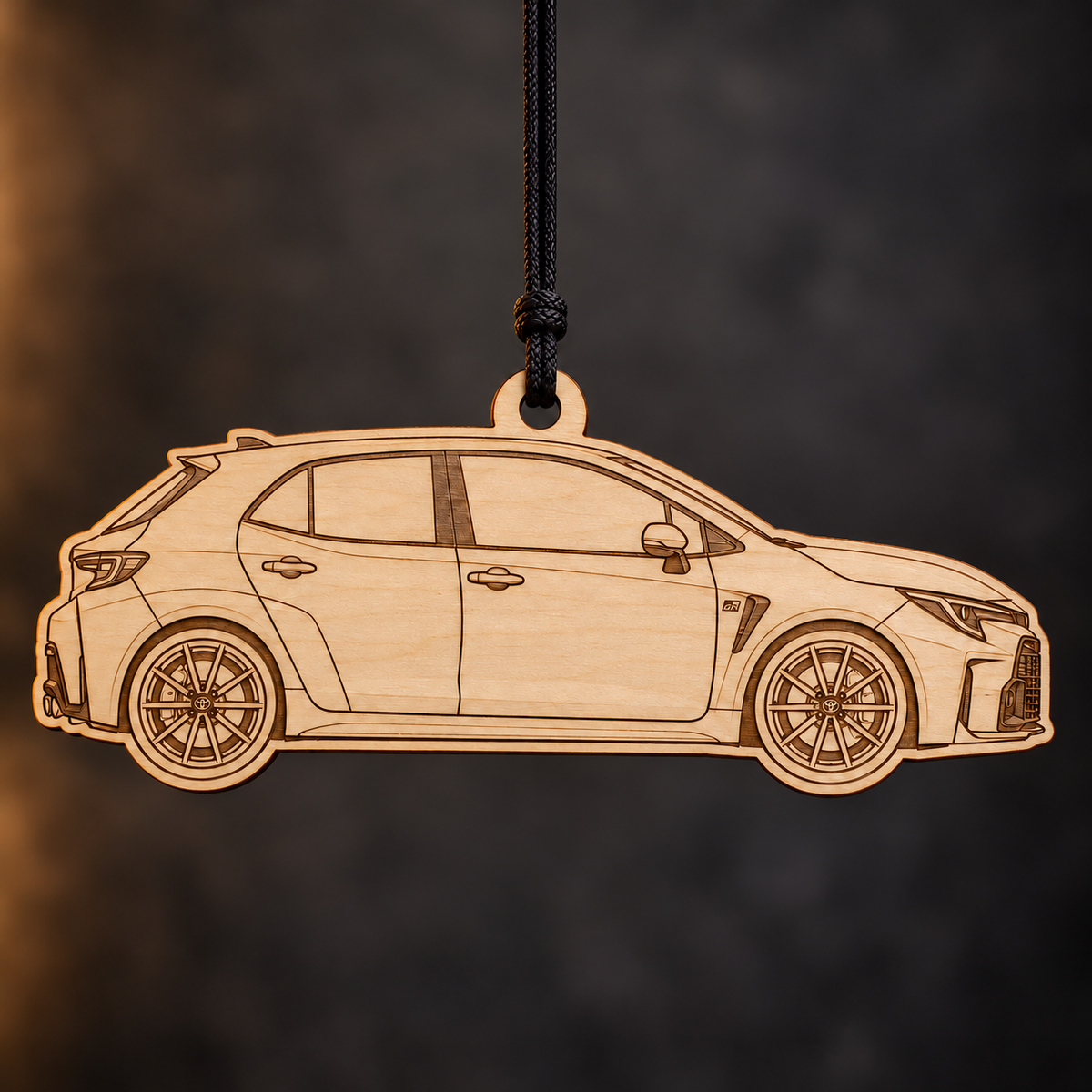2023–2024 Toyota GR Corolla Core Hatchback flat Birch Ply ornament with brown laser-engraved outlines