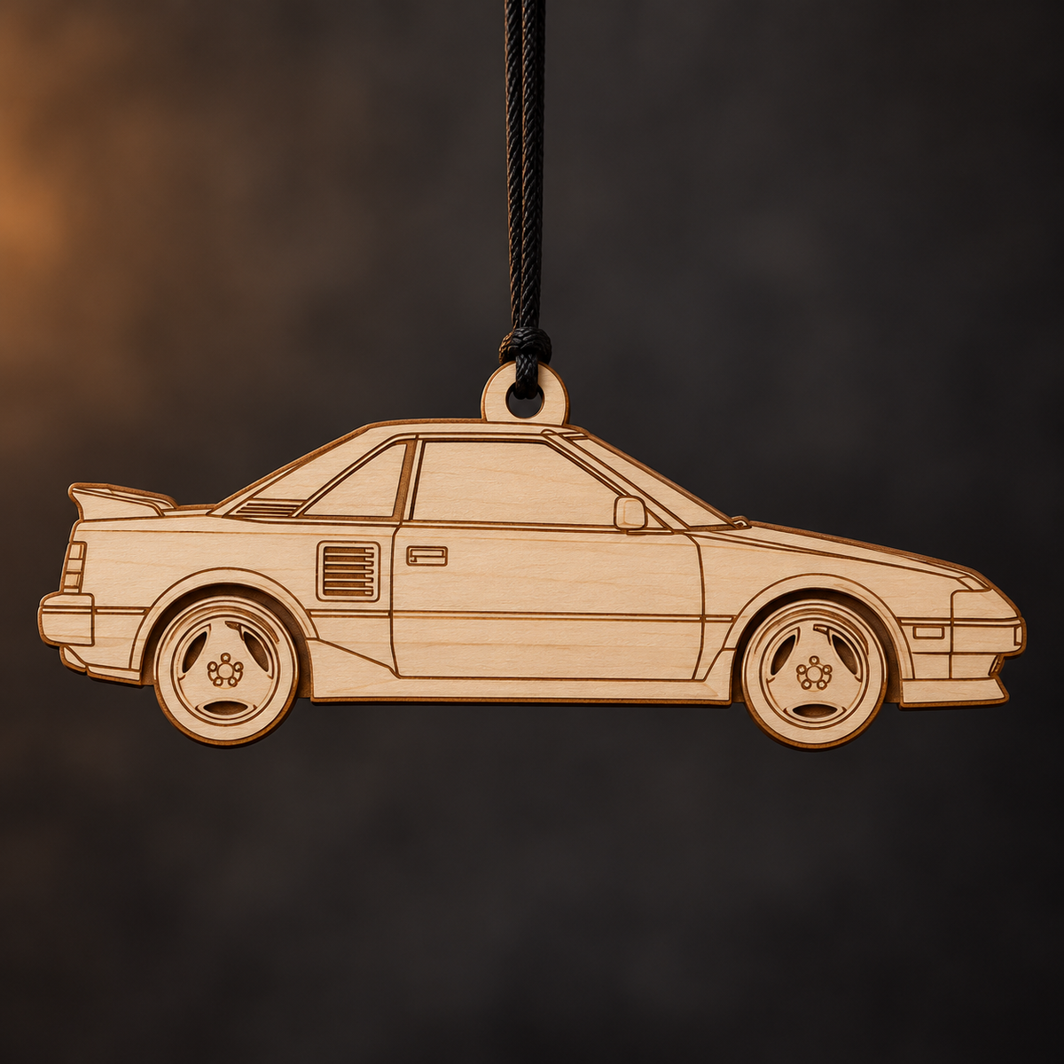 1988–1989 Toyota MR2 Supercharged Coupe flat Birch Ply ornament with brown laser-engraved outlines