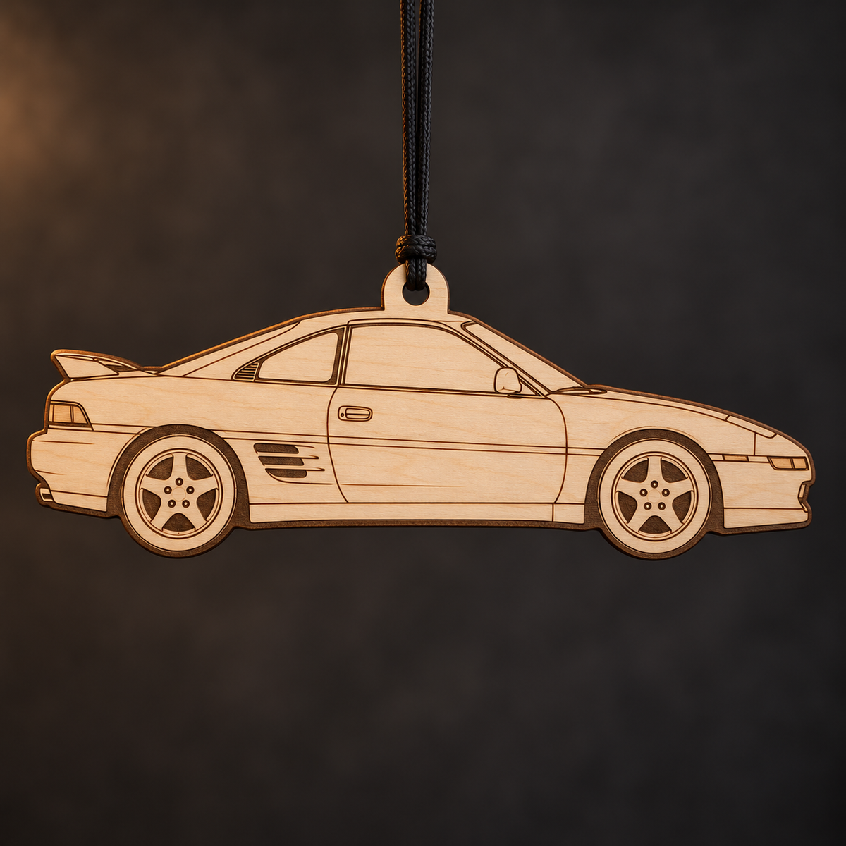 1993 Toyota MR2 Coupe flat Birch Ply ornament with brown laser-engraved outlines